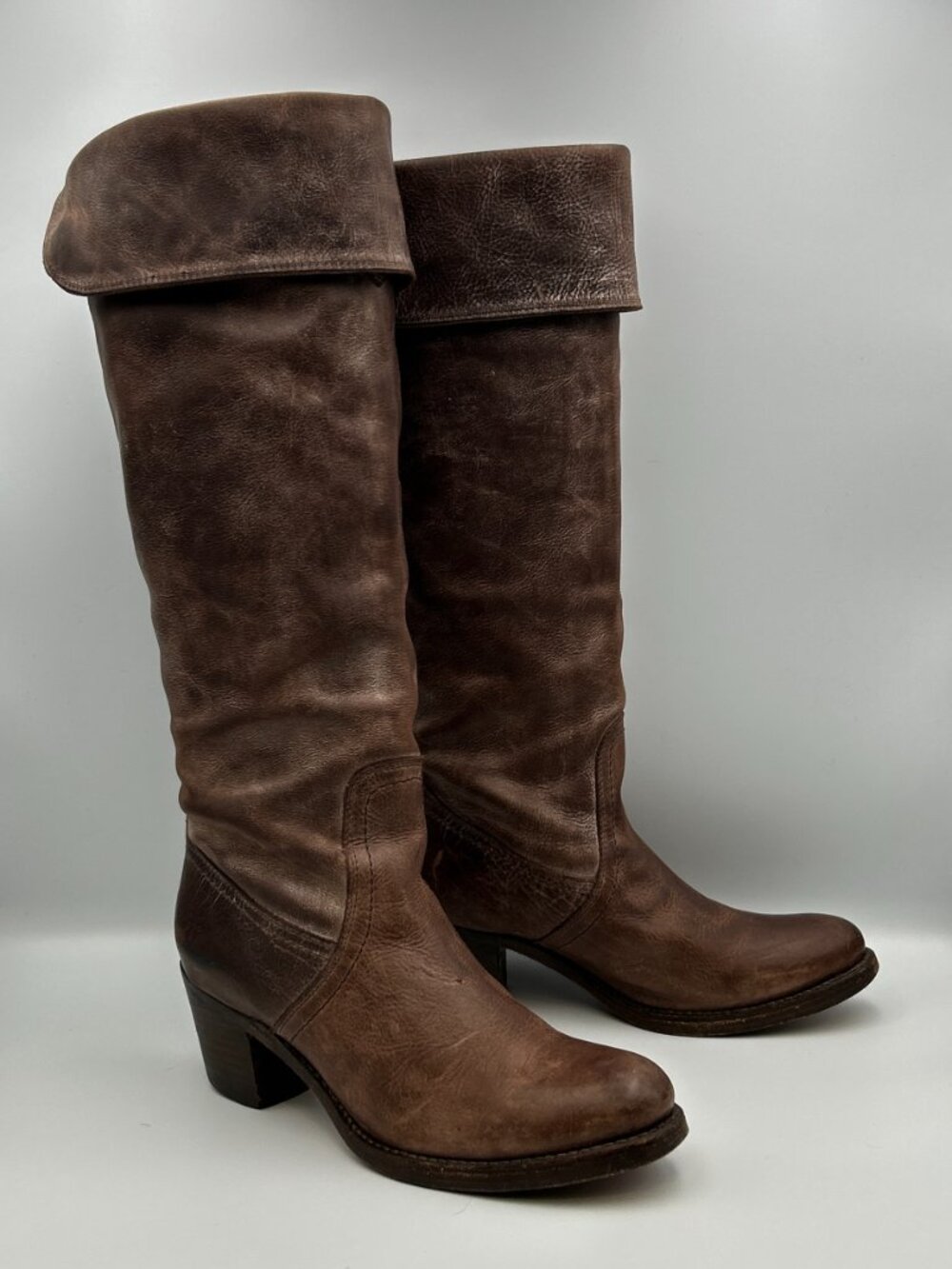 FRYE Jane Tall Knee High Cuffed Boot Size 7B Brown Leather Block Heel Pull On
